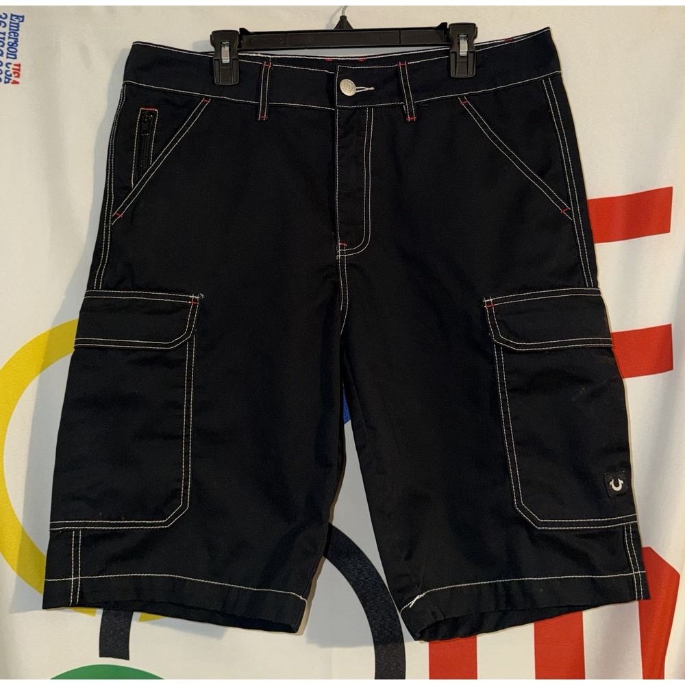 True Religion Cargo Shorts Mens 34 Black Baggy